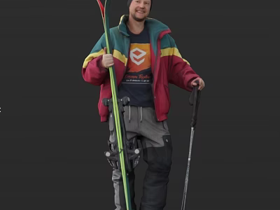 Man In Colorful Jacket Holding Ski Poles And Green Ski Ready For Winter Sports 3d model