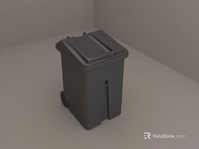 Black Trash Bin With Lid And Wheels In Grey Corner Environment 3d model 