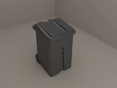 Black Trash Bin With Lid And Wheels In Grey Corner Environment 3d model