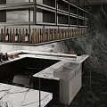 Modern Reception Desk With Marble Wall Hanging Shelf Bottles And Computer Monitors On Marble Countertop