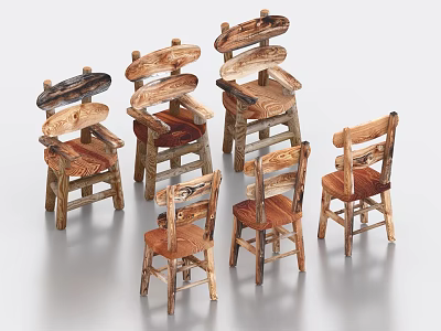 Rustic Handcrafted Wooden Single Chairs With Natural Wood Texture And Unique Designs 3d model