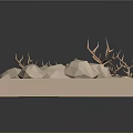 Low Poly Terrain Scene with Rocks Broken Branches Small Plants and Orange Object 3d model