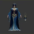 Game Movie Character In Blue Robe With Golden Decorations And Lantern Accessory