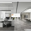 Modern Public Office Space With Open Workstations Glass Partitions Marble Flooring And Green Plants