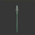 Red Decorative Medieval Fantasy Spear With Detailed Ornate Spearhead And Wooden Shaft Design