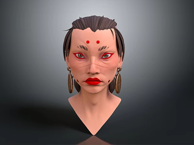 3D Model Female Head With Dark Short Hair Red Dots Red Lips And Golden Earrings 3d model