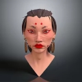 3D Model Female Head With Dark Short Hair Red Dots Red Lips And Golden Earrings
