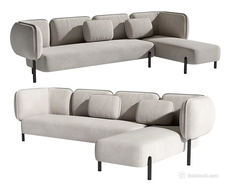 Light Gray Sectional Sofa With Soft Cushions Armrests And Black Legs 3d model 