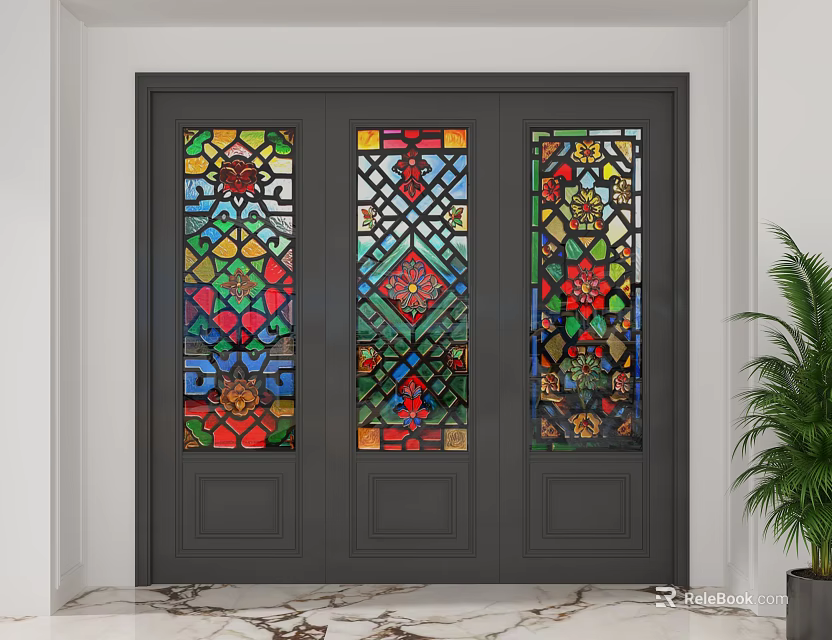 Stained Glass Divider Doors With Colorful Patterns For Modern Home Interior Design 3d model 