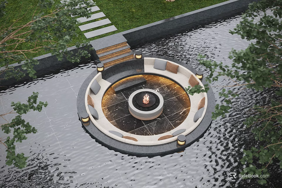 Courtyard Garden Design With Circular Fire Pit Seating Water Feature Stone Pathway And Greenery 3d model 