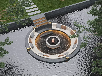 Courtyard Garden Design With Circular Fire Pit Seating Water Feature Stone Pathway And Greenery 3d model
