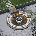 Courtyard Garden Design With Circular Fire Pit Seating Water Feature Stone Pathway And Greenery