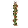 Wooden Garden Trellis Decor With Grid Structure Square Base Green Vines And Red Flowers