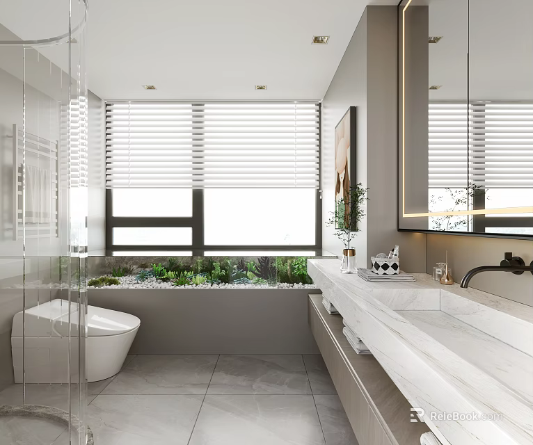 Modern Bathroom Interior Design With Glass Shower Marble Countertop And Green Plants Outside Window 3d model 