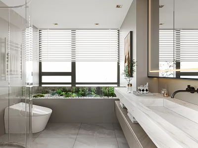 Modern Bathroom Interior Design With Glass Shower Marble Countertop And Green Plants Outside Window 3d model