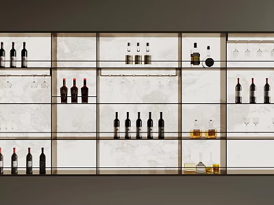 Modern Wine Cabinet With Multiple Shelves Displaying Wine Bottles And Glasses 3d model
