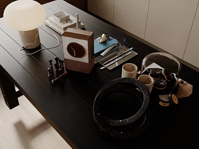 Modern Black Kitchen Table Setup With White Lamp Brown Box Cutlery Cups And Glass Container 3d model