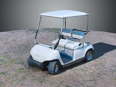 White Golf Cart with Canopy Top Two Seats Parked On Grassy Dirt Ground 3d model