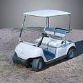 White Golf Cart with Canopy Top Two Seats Parked On Grassy Dirt Ground