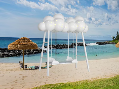 Beach Scene With White Swing Set And Spherical Lights Near Sea And Thatched Umbrella 3d model