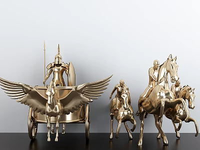 Golden Decorative Ornament Set with Winged Chariot Horse Riding Figures and Horse Sculptures for 3d model