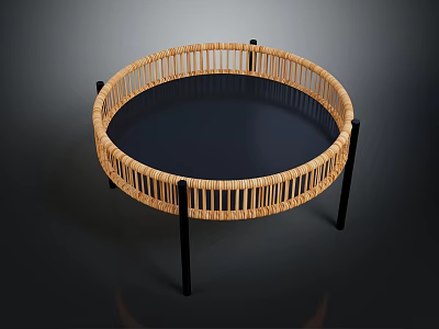 Circular Rattan Equipment Featuring Black Metal Legs And Dark Flat Surface 3d model
