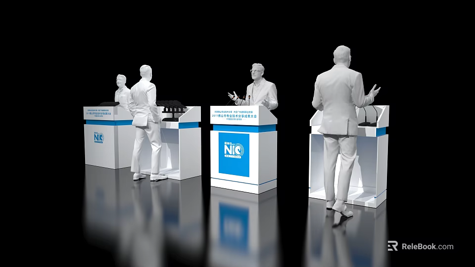 White Functional Desk with Blue NHS Logo and Human Figure Setup for Presentation 3d model