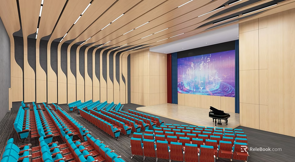 Spacious Auditorium Interior With Red Blue Seats Stage Piano Large Screen And Striped Wooden Walls 3d model 