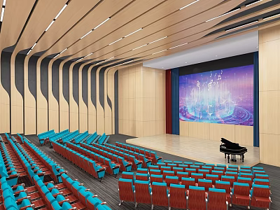 Spacious Auditorium Interior With Red Blue Seats Stage Piano Large Screen And Striped Wooden Walls 3d model