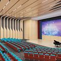 Spacious Auditorium Interior With Red Blue Seats Stage Piano Large Screen And Striped Wooden Walls