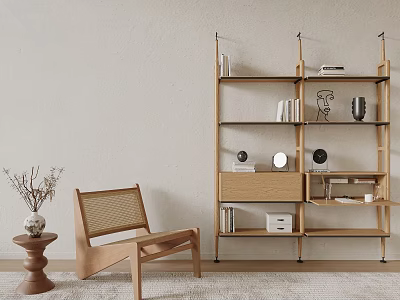 Modern Light Wood Bookshelf Open Shelves With Accent Chair Side Table Decor 3d model