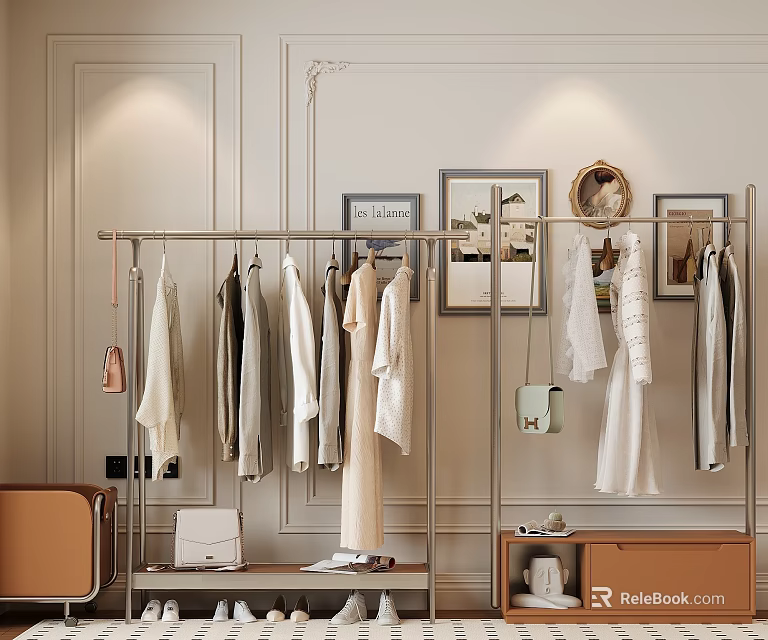 Modern Shoe Cabinet Design With Clothing Rack Hanging Clothes And Framed 3d model 