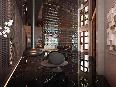 Hotel Lobby Modern Interior Design With Black Marble Floor Chandelier Sofa Windows And Decorative Wall 3d model