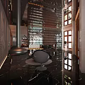 Hotel Lobby Modern Interior Design With Black Marble Floor Chandelier Sofa Windows And Decorative Wall