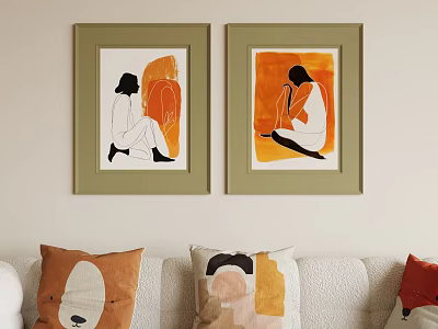 Abstract Paintings With Female Silhouettes In Orange White Tones For Living Room Wall Decor Above Sofa 3d model
