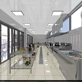 Modern Commercial Kitchen With Stainless Steel Workbenches Refrigeration Units And Cabinets