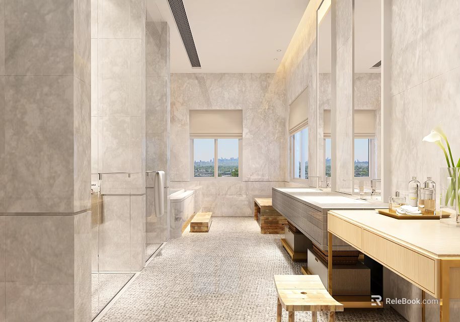 Bright Modern Light Marble Luxury Bathroom With Spacious Layout And Complete High Quality Bath Facilities 3d model 