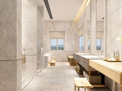 Bright Modern Light Marble Luxury Bathroom With Spacious Layout And Complete High Quality Bath Facilities 3d model