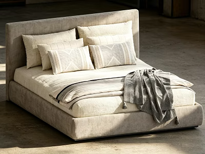Modern Double Bed Upholstered Headboard With Cozy Pillows And Soft Blanket 3d model
