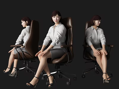 Professional Woman Sitting In Brown Office Chair With White Shirt Skirt And High Heels 3d model