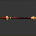 Red And Golden Spear With Flame Shaped Head And Intricate Shaft Design