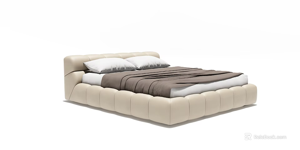 Modern Luxury Double Bed With Upholstered Leather Frame White Pillows And Brown Blanket 3d model 