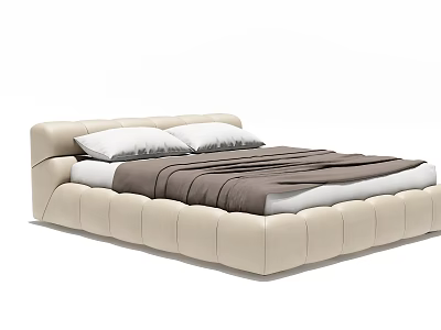 Modern Luxury Double Bed With Upholstered Leather Frame White Pillows And Brown Blanket 3d model