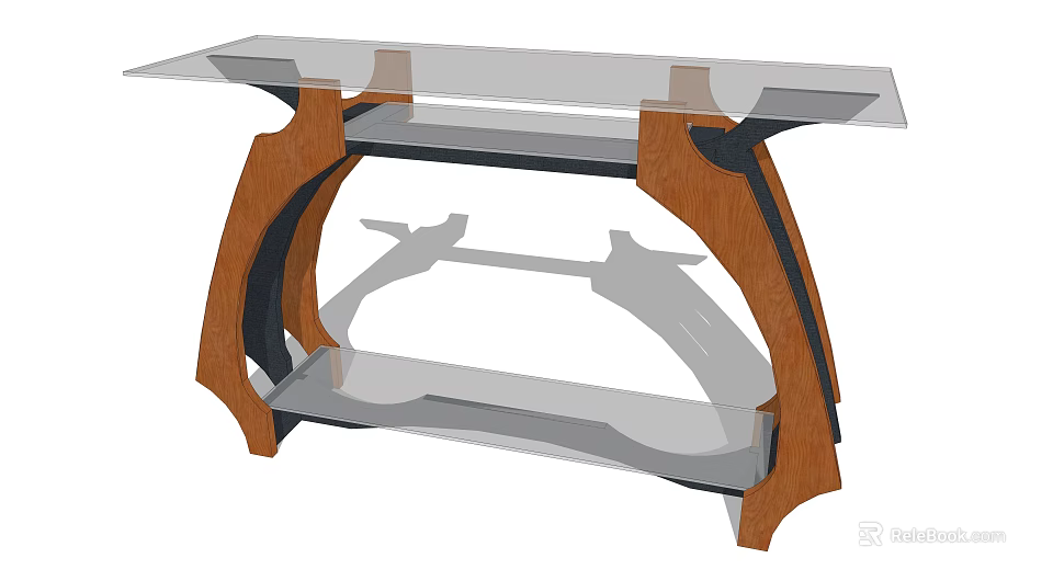 Modern Console Table Design With Glass Top And Wooden Frame Shelves 3d model 