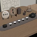 Traditional Chinese Tea Set with Teapot Teacups Tea Cakes and Caddy on Gray Tea Tray
