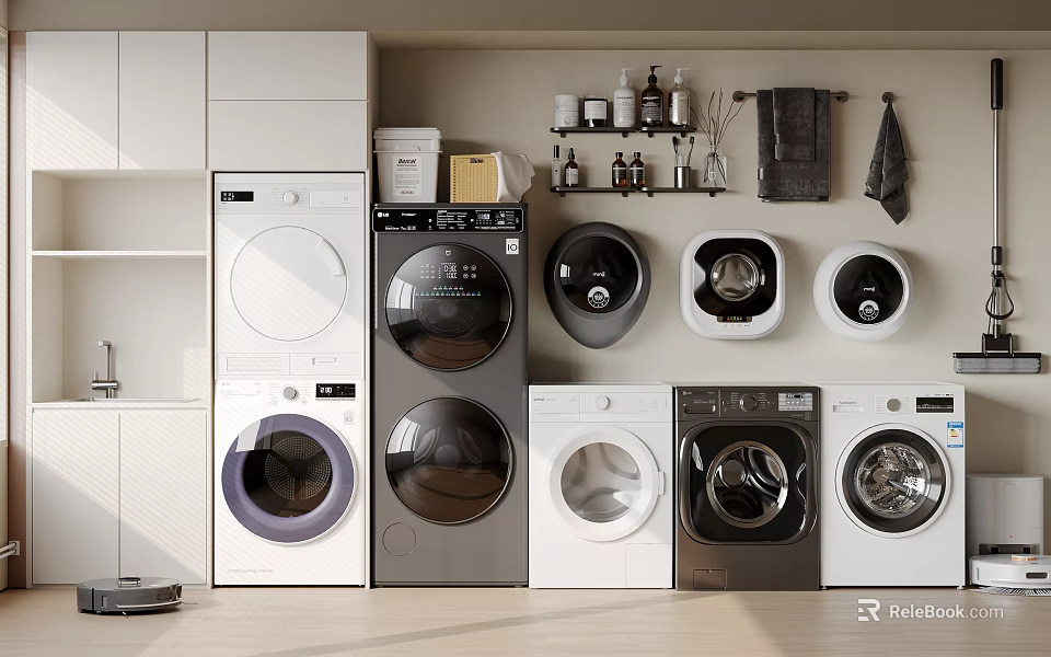 Various Style Washing Machines In Modern Laundry Room With Cabinets And Cleaning Supplies 3d model 