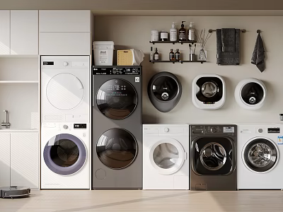 Various Style Washing Machines In Modern Laundry Room With Cabinets And Cleaning Supplies 3d model