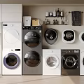 Various Style Washing Machines In Modern Laundry Room With Cabinets And Cleaning Supplies
