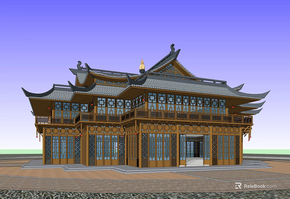 Traditional Chinese Style Hotel Building With Wooden Structure Multiple Floors And Overhanging Eaves 3d model 