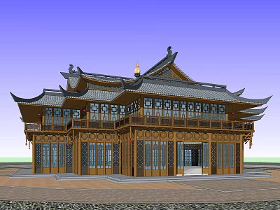 Traditional Chinese Style Hotel Building With Wooden Structure Multiple Floors And Overhanging Eaves 3d model